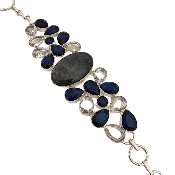 Blue sodalite gemstone bracelet silver + white topaz + blue faceted glass Q04 - Picture 2 of 14